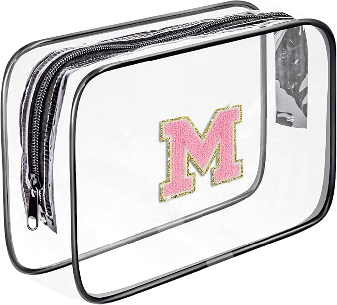 Clear Toiletry Bag,Portable Travel Toiletry Bag,Chenille Letter Cosmetic Bag with Zipper,Waterproof Makeup Bag,Cosmetic Storage Organizer for Women Men,Travel Essentials (Black,M)