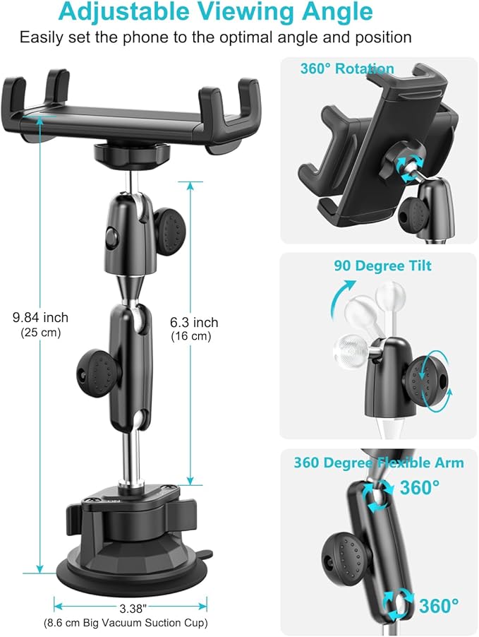 Pilot Phone Holder, [Ultra Suction Cup] Aviation Windshield Cell Phone Mount for Aircraft, 360° Metal Arm Airplane Window Stand for iPhone 17 16 15 14 Pro Max, Galaxy S A Z Fold, 4-13" Device