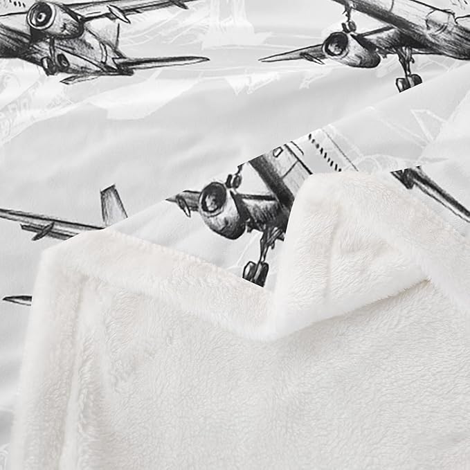 Airplane Kids Throw Blanket,American Aircraft Toddler Bed Blanket for Girls Boys Adults,Hand-Painted Sketch Airplane Fleece Blanket,Black White Fashion Fuzzy Blanket,40 x 50 Inches