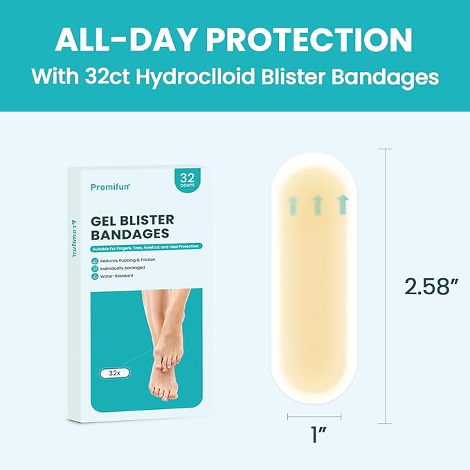 Promifun Waterproof Hydrocolloid Blister Bandages - Gel Pads for Foot, Toe Healing & Prevention (32ct, Spot Pack)
