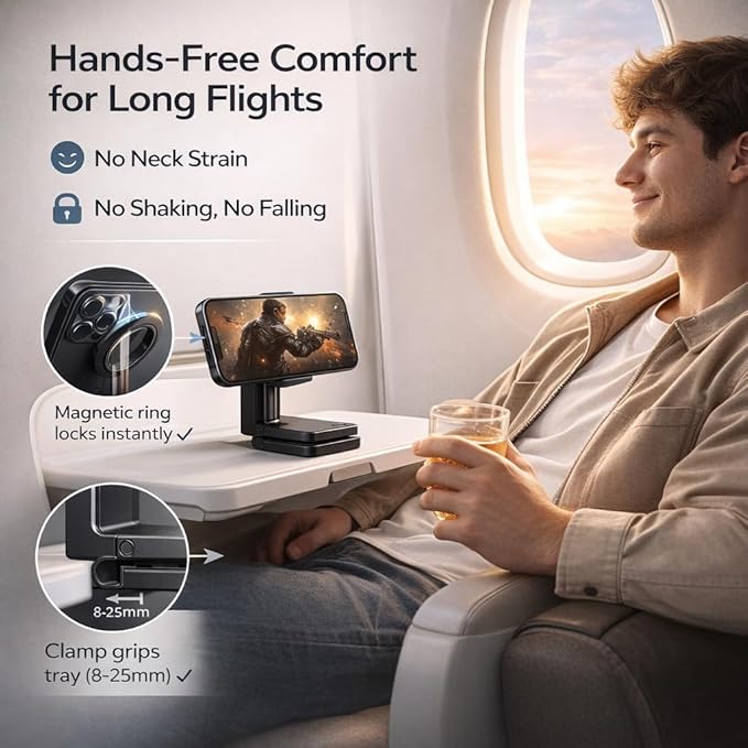 Mizi Airplane Phone Holder – Magnetic Travel Phone Mount for Airplane Seat Back, Hands-Free Flight Essentials Compatible with iPhone 17-12 Pro Max/Air/Plus/Mini with Magnetic Case - Black
