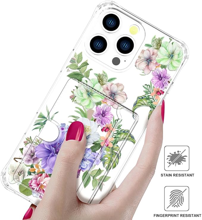 Compatible with iPhone 16 Pro Case Card Holder for Women Cute Design,Wallet Phone Cases Transparent Cool Kawaii Protective (Clear Impressive Flowers)