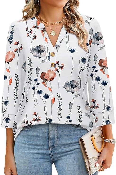 OFEEFAN Womens Tops 3/4 Sleeve Henley Shirts for Women Summer Outfits Fashion Clothing