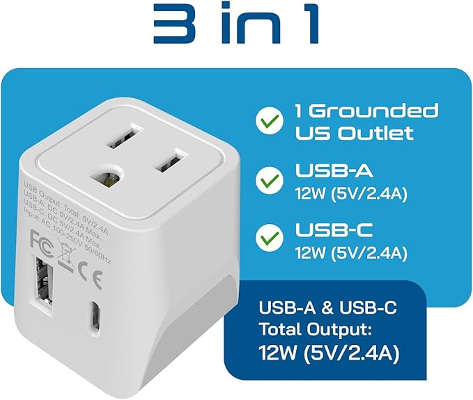 Ceptics Japan, Philippines Travel Adapter Plug with Dual USB - Usa Input - Type A - Ultra Compact (CTU-6) - Perfect for Cell Phones, Laptops, Camera Chargers