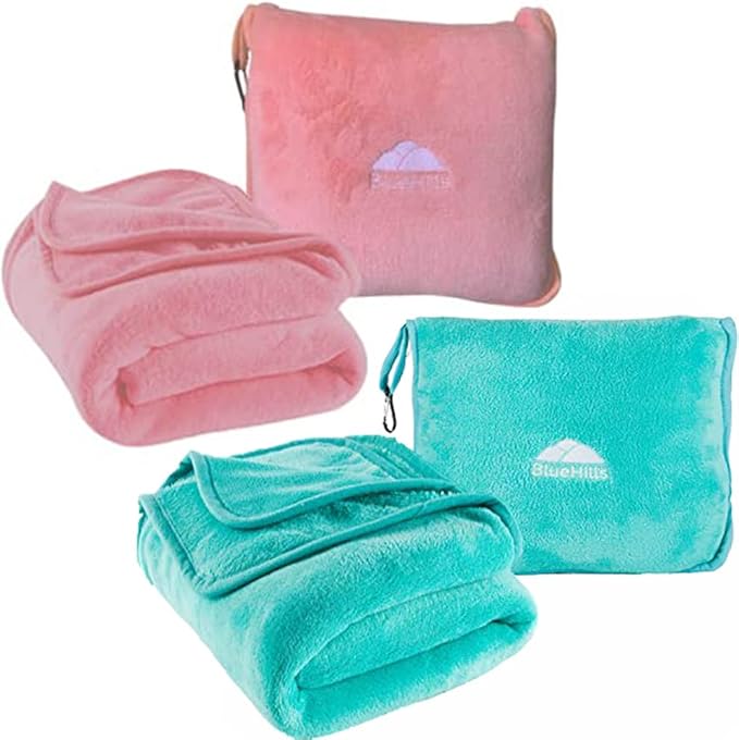 BlueHills Premium Soft Mini Plush Travel Blanket Value Pack Set of 2 - Airplane Travel Essential Flight Blanket Throw in a case Compact for Car Plane Travel Gift – Light Pink and Teal Green