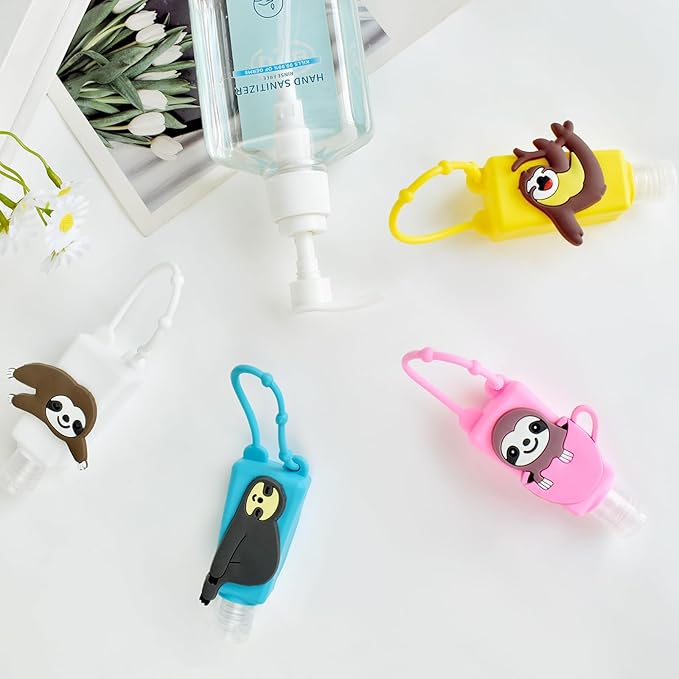 Refillable Travel Bottles Containers, 4 Pack Hand Sanitizer Travel Size Holder with Empty Silicone Bottles Case Keychain Carrier, Leak Proof Portable Bottle for Liquid Soap, Lotion (Sloth)