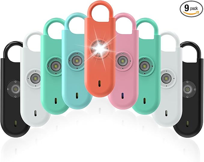Fauxomor 140dB Personal Safety Alarm for Women, 9 Pack Safe Alarm Protection Keychain with Strobe Light & Low Battery Notice, Security Siren Self Defense for Kids Seniors College Girls