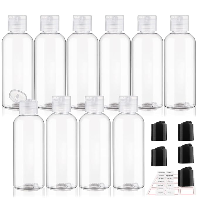 10 Pack 3.4 oz Travel Bottles for Toiletries TSA Approved Leak Proof Travel Size Containers Plastic Empty Shampoo Bottles with Labels Squeeze Bottle Toiletry Essentials(Clear)