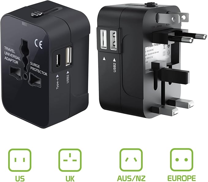Portable Worldwide Universal Power Adapter Converter All in One International Wall Charger Plug for Wall Plug Input in USA EU UK France Italy Australia India Outlets (with USB-A and USB-C)