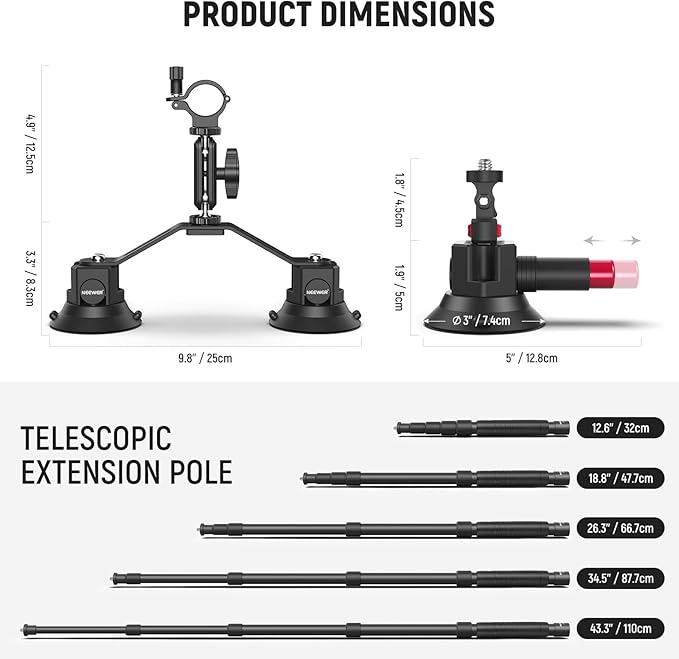 NEEWER Triple Suction Cup Car Mount Kit with 2in1 Extension Pole/Selfie Stick, Quick Release Outside Windshield Magic Arm Camera Mount Compatible with Insta360 Action Cam, Cleaning Cloth, CA065