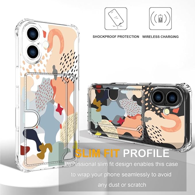 Compatible with iPhone 17 Case Card Holder for Women Cute Design,Wallet Phone Cases Transparent Cool Kawaii Protective (Clear Abstract Art)