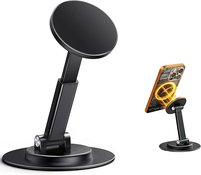 Mizi Magnetic Phone Stand for MagSafe - Adjustable Height & 360° Rotating iPhone Desk Holder Compatible with iPhone 17/16/15/14/13/12, Galaxy Series & MagSafe Cases – Black