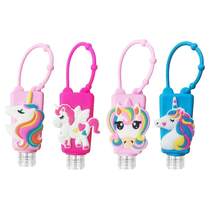 Color Land 4Pcs Unicorn Kids Empty Travel Bottles for toiletries Detachable Hand Sanitizer Holder with Silicone Case Leak Proof Travel Size Cartoon Cute Essentials Toiletries Refillable Containers
