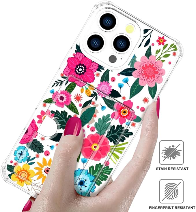 Compatible with iPhone 16 Pro Case Card Holder for Women Cute Design,Wallet Phone Cases Transparent Cool Kawaii Protective (Clear Floral Spring Blossom)