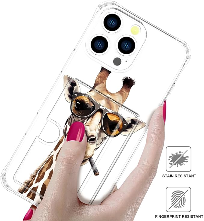 Compatible with iPhone 16 Pro Case Card Holder for Women Cute Design,Wallet Phone Cases Transparent Cool Kawaii Protective (Clear Giraffe Smoking Animal)