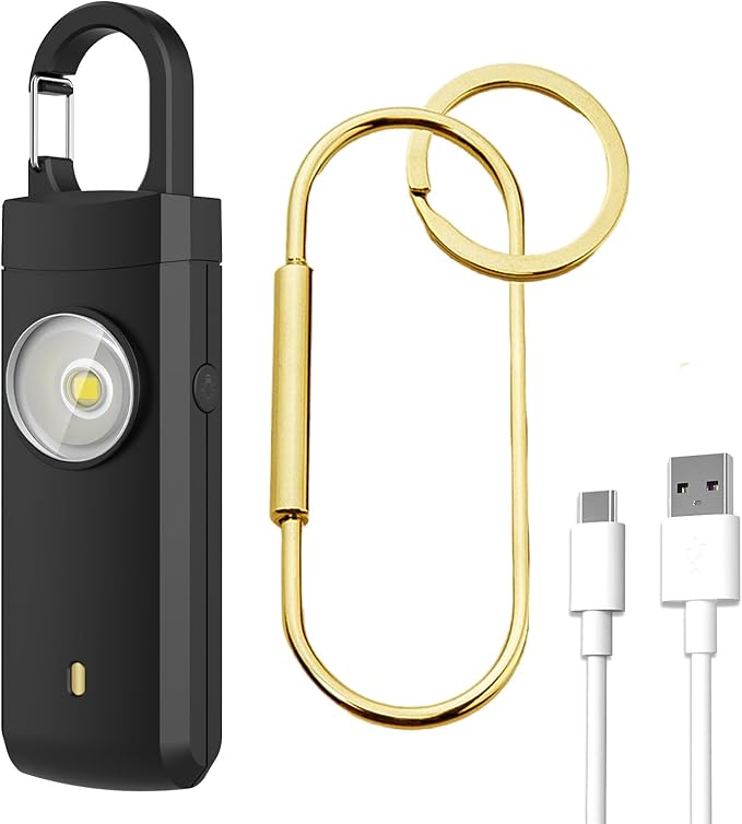Personal Safety Alarm, 130dB Rechargeable Self Defense Siren with LED Strobe Light, USB-C Emergency Keychain Alarm for Women Kids Elderly (Black)