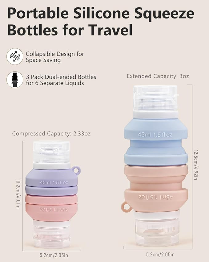 Silicone Travel Bottles for Toiletries, 3 Pack Collapsible Travel Size Containers Dual-ended Bottles for Women, Refillable & Leak Proof Empty Silicone Squeeze Bottle for Shampoo & Body Wash, 1.5oz x 6