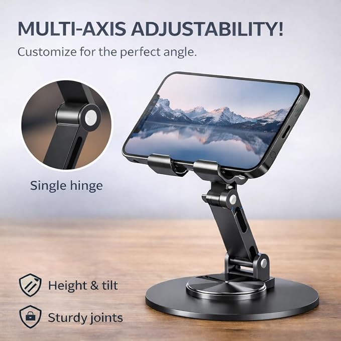 Mizi Universal Metal Phone Stand - 360°/720° Adjustable Rotation Desk Holder, Foldable & Stable with Non-Slip Weighted Base, Compatible with iPhone 17/16/15/14/13/12 Pro Max & All Smartphones - Grey