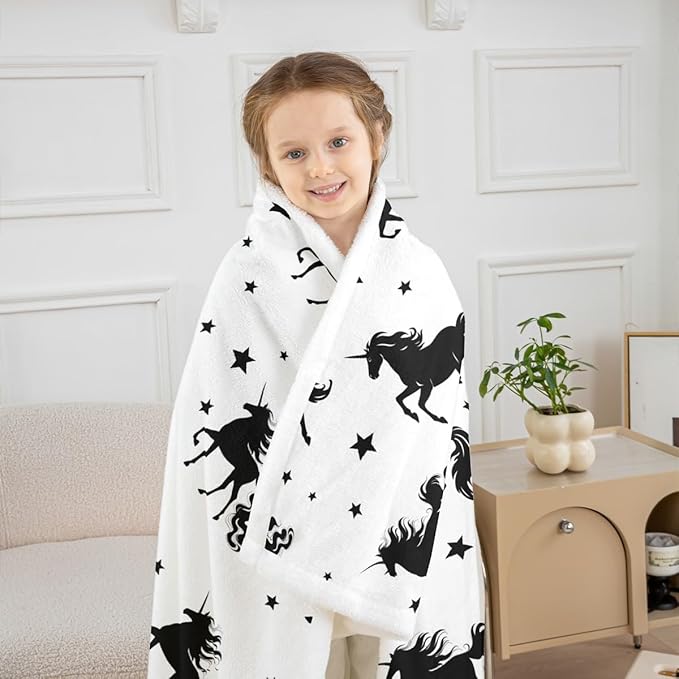 Cartoon Unicorn Kids Throw Blanket,Starry Sky Galaxy Romantic Bed Blanket for Girls Boys Adults,Cute Animals Simple Fleece Blanket,Black White Chic Fuzzy Blanket,Throw Size (50 x 60 Inches)