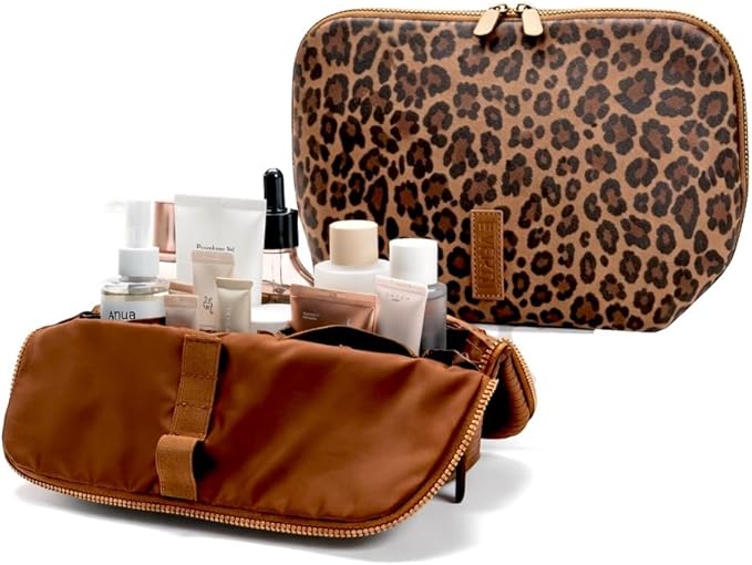 THE VERTI-Vertical Waterproof Makeup & Toiletry Bag | 23-Pocket Organizer with Upright, Fold-Down Design for Skincare, Toiletries & Essentials (Leopard, Large)