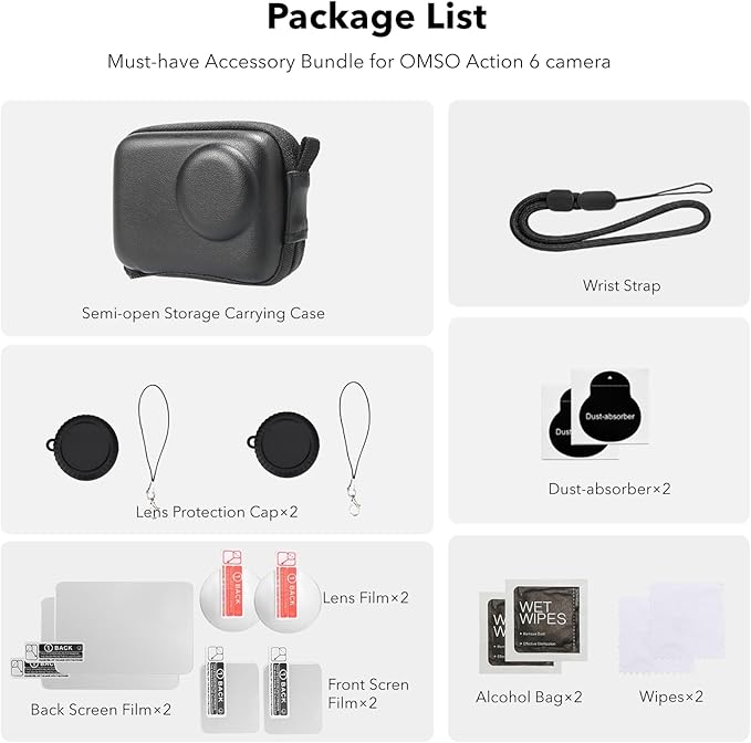 OSMO Action 6 Accessories, PU Portable Mini Carrying Bag Case, Lens Screen Protectors (6 Pack) Comatible with DJI Osmo Action 6 Pro, Rubber Lens Cap Cover for DJI Action 6