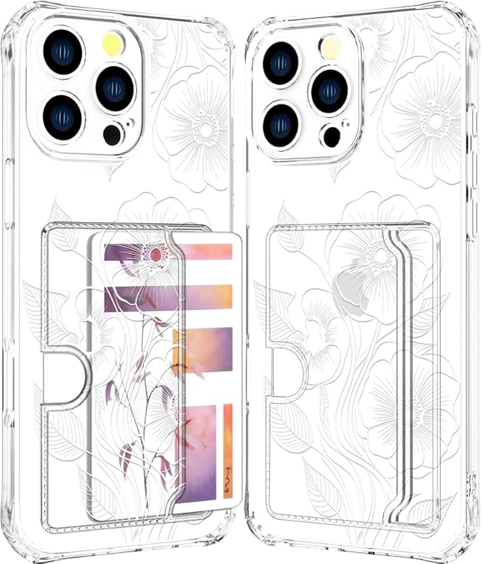 Compatible with iPhone 16 Pro Max Case Card Holder for Women Cute Design,Wallet Phone Cases Transparent Cool Kawaii Protective (Clear Seamless Abstract Flower)