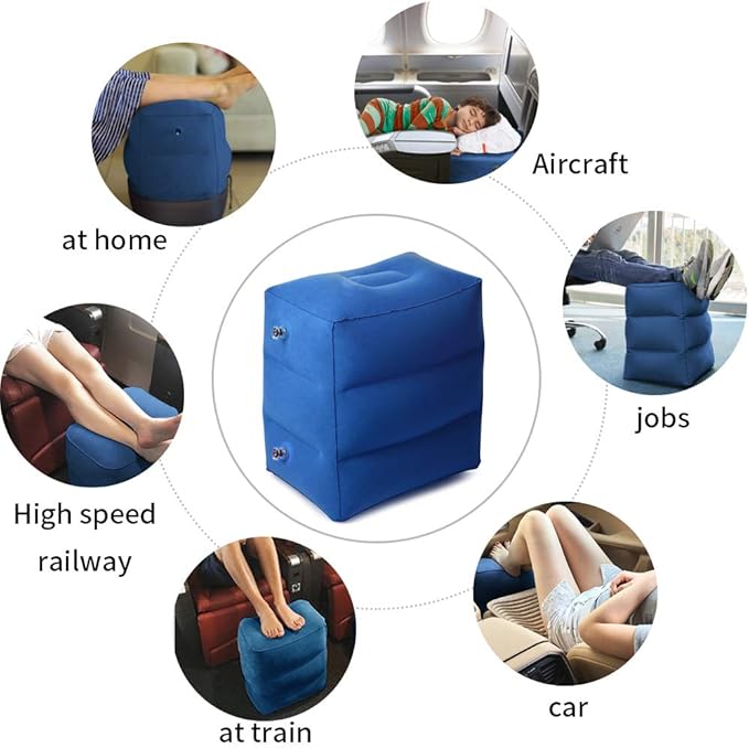 ZIQIAN Inflatable Travel Foot Rest Pillow Portable Adjustable Three Layers Height Foot Stool for Airplanes, Cars, Home, Trains, Office to Lay Down or Sleep on Long Flights with Pump（Blue 1PACK）