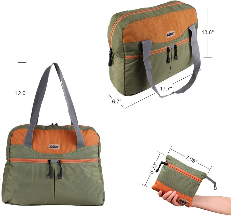 GOX Packable Tote Bag – Under Seat Airline Personal Item, Lightweight Foldable Travel Duffel 28L, Nylon Shoulder Bag for Women Men, Carry-on Weekender for Plane Gym (Green&Orange)