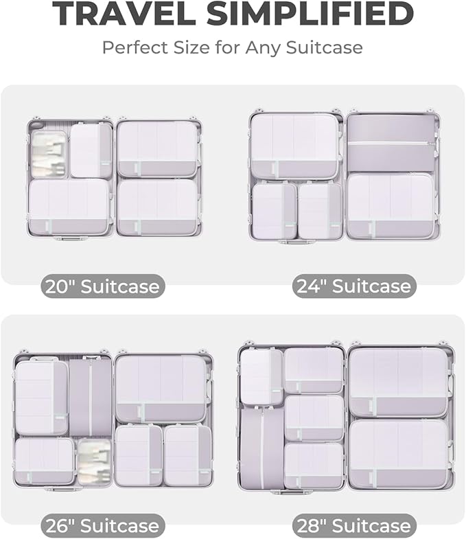 Percover Compression Packing Cubes 8-Piece Set, Packing Cubes Compression for Travel with Laundry Bag & Shoe Bag, Travel Organizer for Carry On & Checked Luggage, Purple