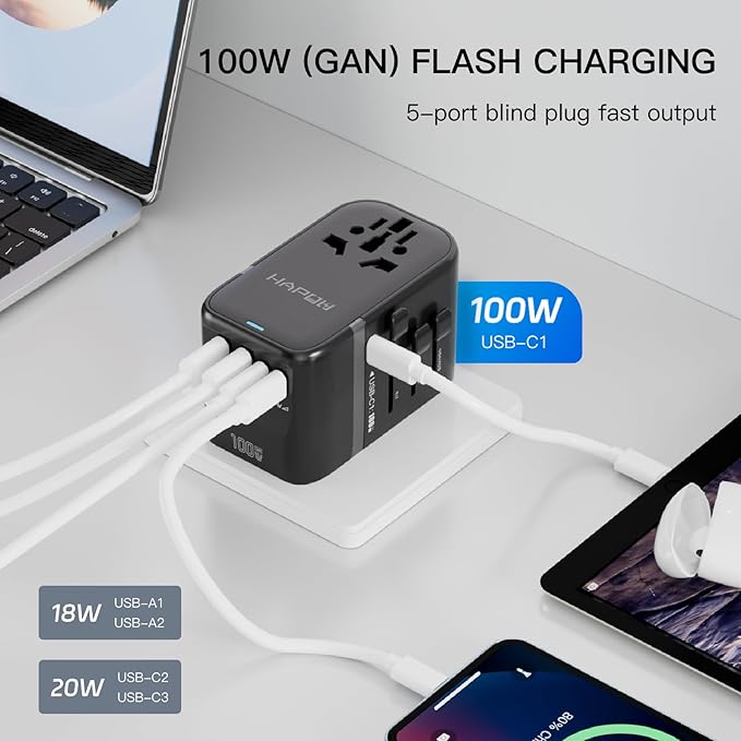 HAPOW Universal Travel Adapter, PD100W International Power Adapter,3 USB-C & 2 USB-A Fast Charging Travel Charger, All in One Worldwide Travel Plug Adapter, Outlet Adapter for EU UK USA AU, Black