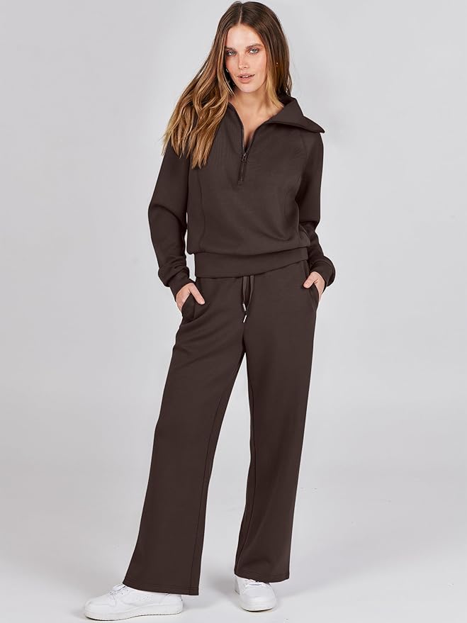 ANRABESS Women 2 Piece Outfits 2025 Fall Fashion Airport Wide Leg Pants Lounge Set Leisure Travel Vacation Clothes Sweatsuits