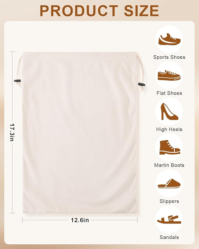 FantasyLife Shoe Bags for Travel, Washable Dust Bags for Storage & Packing, Flannel Shoe Pouch with Drawstring Closure for Purses, Handbags, Shoes & Toys (2, Beige, 17.3"x12.6")