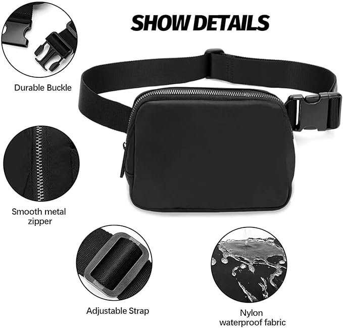 Belt Bag for Women Fanny Pack Dupes, Fashion Crossbody Waist Pack Bag with Adjustable Strap, Everywhere Belt Bag for Travel Outdoors Running Hiking(Black2)