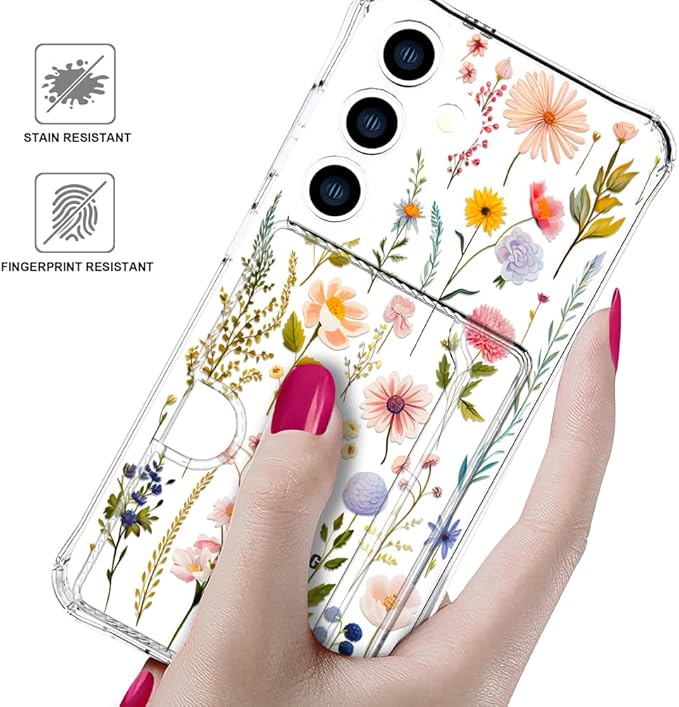 Compatible with Samsung Galaxy S24+ Plus / S25+ Plus Case Card Holder for Women Cute Design,Wallet Phone Cases Transparent Cool Kawaii Protective (Clear Watercolor Floral)