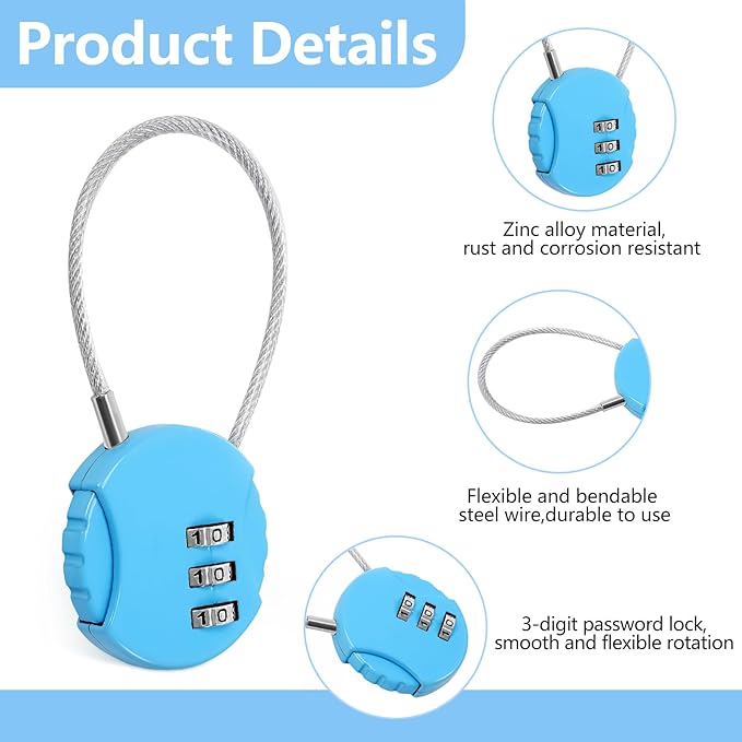 Moxweyeni 8 Pack Combination Wire Lock 3 Digit Small Combo Luggage Number Cable Padlock Outdoor Waterproof Resettable Lock for School Gym Locker Travel Backpack Suitcase Storage (Black,Silver,Blue)