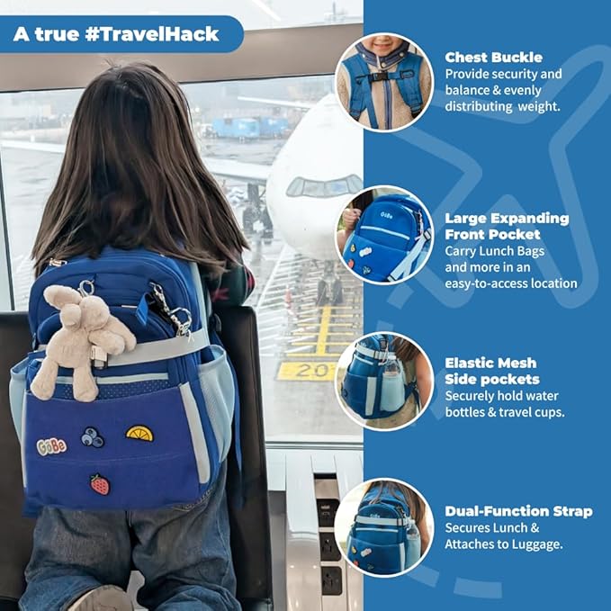 GoBe Kids Travel Backpack with Lunchbag Combo – Washable, Lightweight Luggage Backpack with Customizable Patches, Preschool, Kindergarten - Durable For Travel, School, Airplane, Ages 3-8, Blue