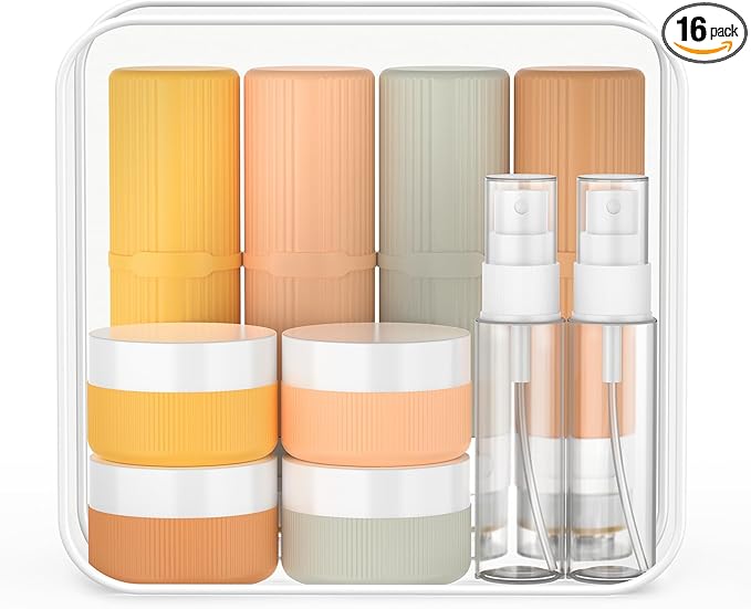 JessLab 16 Pack Travel Bottles for Toiletries, TSA Approved 3 oz/ 90 ml Travel Containers, Hangable Leak Proof Silicone Refillable Accessories for Shampoo, Conditioner, Lotion, Assorted Colors