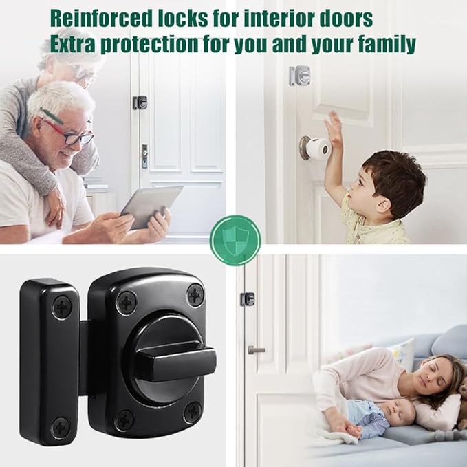 Inner Door Reinforcement Locks Latch, Door Bolt Door Safety Lock from Inside, Single Door French Door Lock, Extra Door Lock from Inside Suitable for Bedrooms, Bathrooms, RV, Black