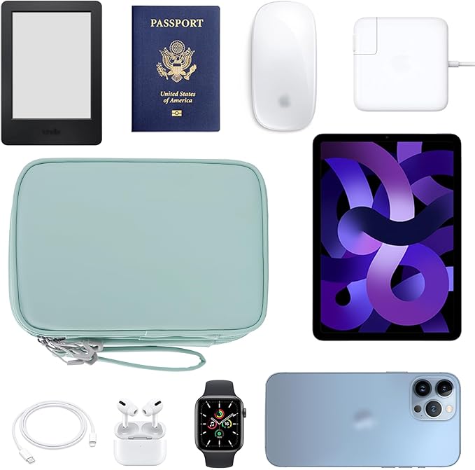 Bevegekos Tablet Accessories Case Bag, Travel Large Electronics Organizer for Chargers & Cords, Cables, 7.9 Inch Tablet, Airplane Essentials, 2 Layers (Mint Green)
