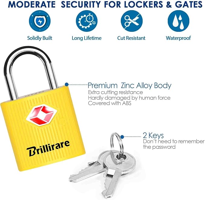 4 Pack TSA Approved Luggage Locks with Keys, Travel Padlock, Zinc Alloy Waterproof Keyed Lock, TSA Outdoor Metal Lock for Lockers, Bags, Backpack, Gym, Gate-Yellow