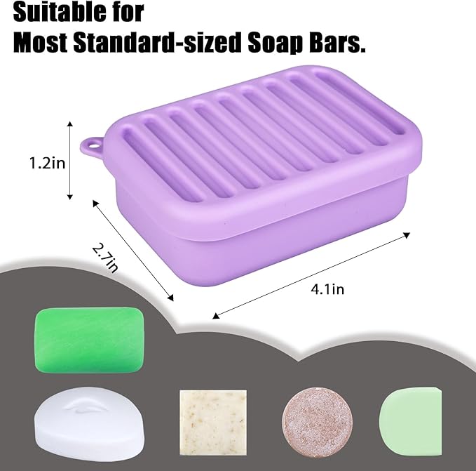Silicone Leak-Proof Travel Soap Case, Portable Soap Container with Removable Draining Pad, Shatter-Proof Soap Holder for Travel, Gym, Camping, Bathroom(Light Purple)