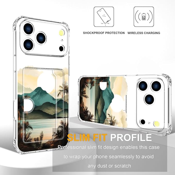 Compatible with iPhone 17 Pro Case Card Holder for Women Cute Design,Wallet Phone Cases Transparent Cool Kawaii Protective (Clear Ocean Sun Mountains Sunset)