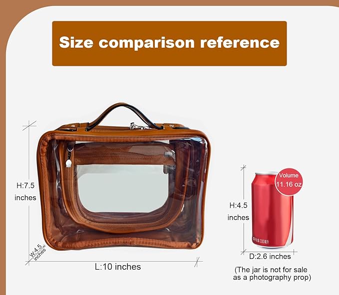 SANHECUN traveling toiletry case clear cosmetics case makeup bag Dimensions | LxWxH:10” x 4.5” x 7.5”(Brown, Medium)