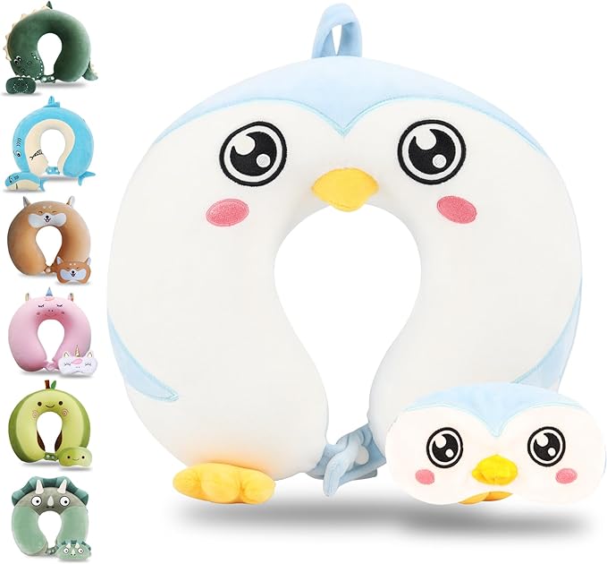 Sexysamba Cartoon Headrest & Neck Pillow for Kids Boys & Girls, Teens, Travel Accessories for Airplane, Car, Recline, Memory Foam Cute Travel Pillow with Sleep Eye Mask - Penguin