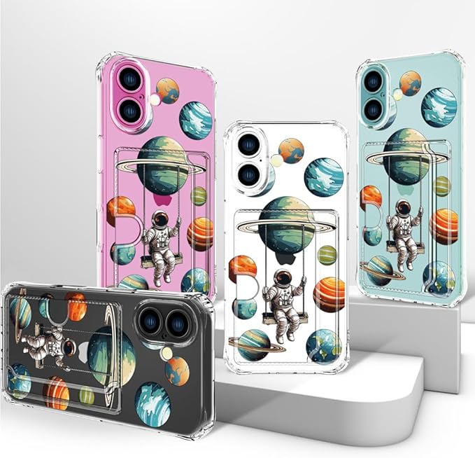 Compatible with iPhone 16 Plus Case Card Holder for Women Cute Design,Wallet Phone Cases Transparent Cool Kawaii Protective (Clear Astronaut Space Planets)