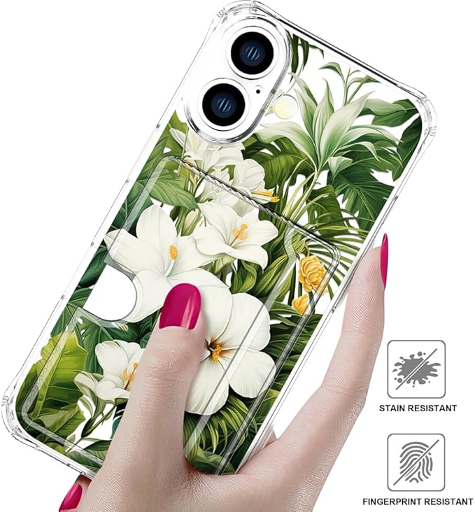Compatible with iPhone 16 Plus Case Card Holder for Women Cute Design,Wallet Phone Cases Transparent Cool Kawaii Protective (Clear Green Flowers Tropical Jungle)