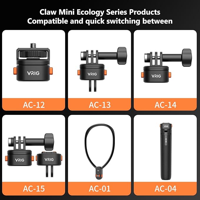 VRIG Claw Mini Magnetic Tripod Mount Accessories, Basic Set Quick Release Adapter Compatible with Sports Camera Hero 13/12/11/10/9, Insta360, AKASO, DJI and More