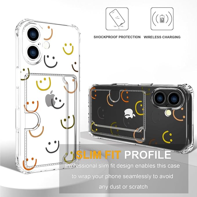 Compatible with iPhone 17 Case Card Holder for Women Cute Design,Wallet Phone Cases Transparent Cool Kawaii Protective (Clear Smiley Face)