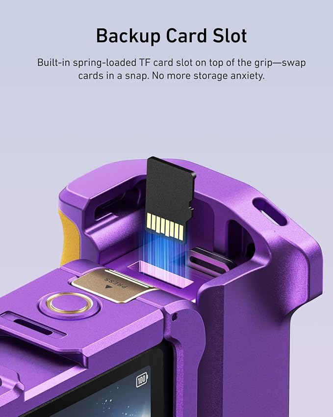 TELESIN Metal Aluminum Alloy Street Grip Kit for DJI Action 6 with Metal Cage Camera Grip Holder with Seesaw Shutter Button Aluminum Alloy Shell Backup TF Card Slot (Iridescent Purple-Gold)