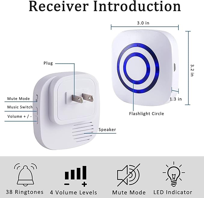 BESTOONE Motion Sensor Alarm, Long Range Wireless Driveway Alarm, Indoor Home Security System Electric Doorbells, 4 Motion Detector and 2 Alarm, 38 Chime Tunes, LED Indicator